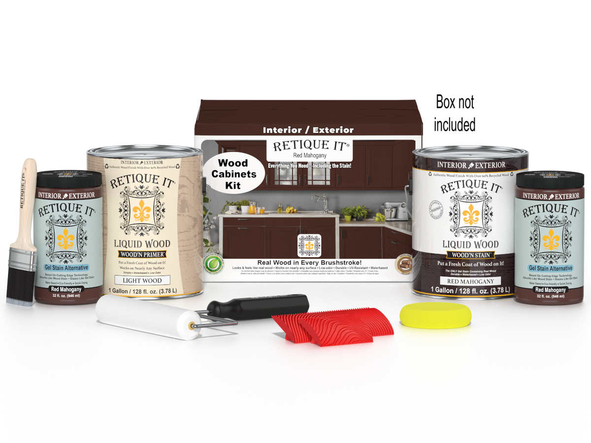 Retique It® Wood'n Cabinet Kit with 48 red mahogany grained stain, featuring cabinet doors and wood finish for kitchen upgrades.