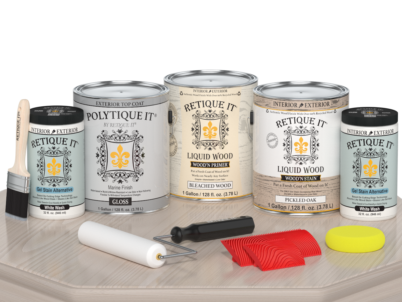 Retique It® Wood'n Finish Kit in Gloss, large size, shown on a wooden table, includes tools and sample finish for furniture restoration.