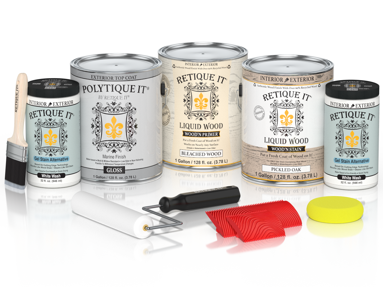 Sun-bleached Retique It Wood'n Kit for exterior wood finishing, includes four large containers of gloss top coat.