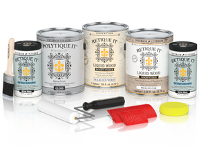 Sun-bleached Retique It Wood'n Kit for exterior wood finishing, includes four large containers of gloss top coat.