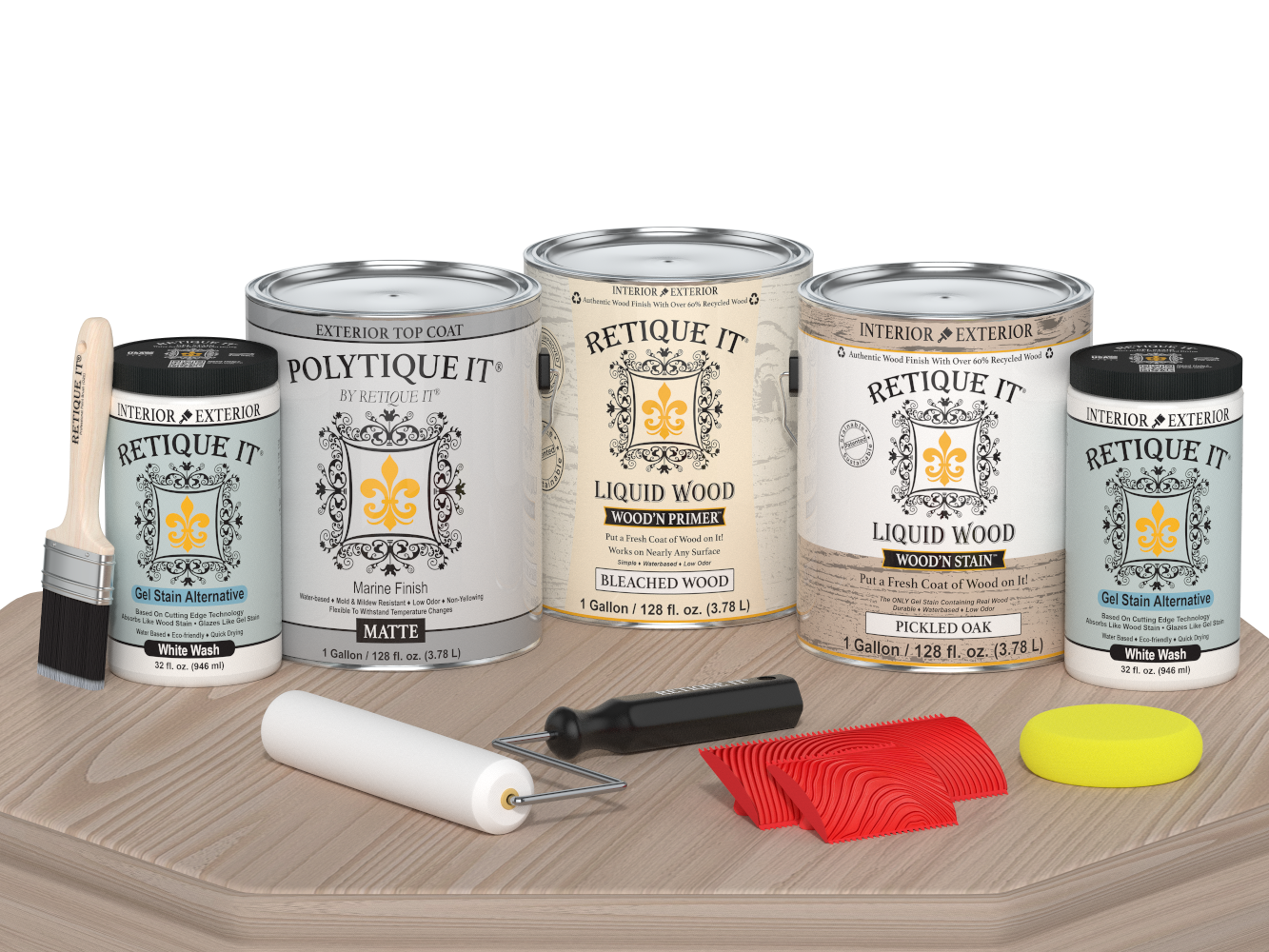 Sun-bleached Retique It Wood'n Finish Kit with four large exterior top coat containers on a table, matte finish for wood projects.