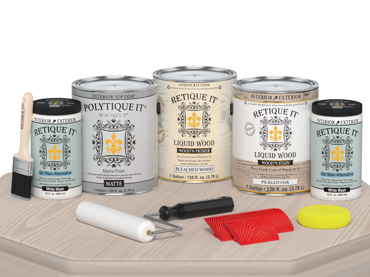 Retique It Wood'n Finish Kit in matte finish, large size with wood stain and finishing supplies, shown on a table.
