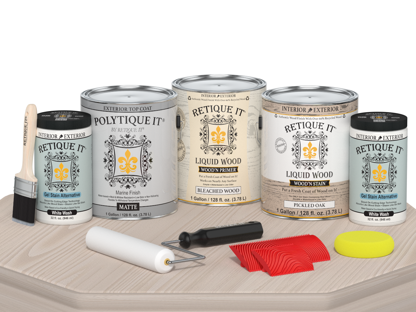 Retique It® Wood'n Finish Kit in matte, with a large rectangular wood table showcasing the product's wood finish application.