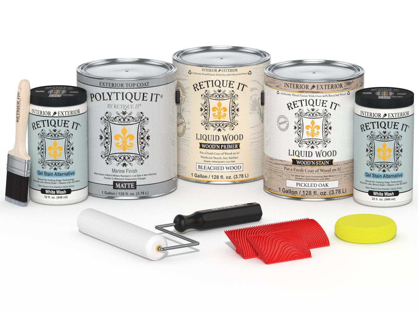 Sun-bleached Retique It Wood'n Finish Kit with four large exterior top coat bottles in a matte finish, designed for wood protection.