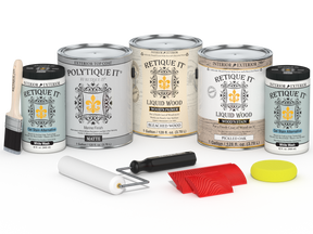 Sun-bleached Retique It Wood'n Finish Kit with four large exterior top coat bottles in a matte finish, designed for wood protection.