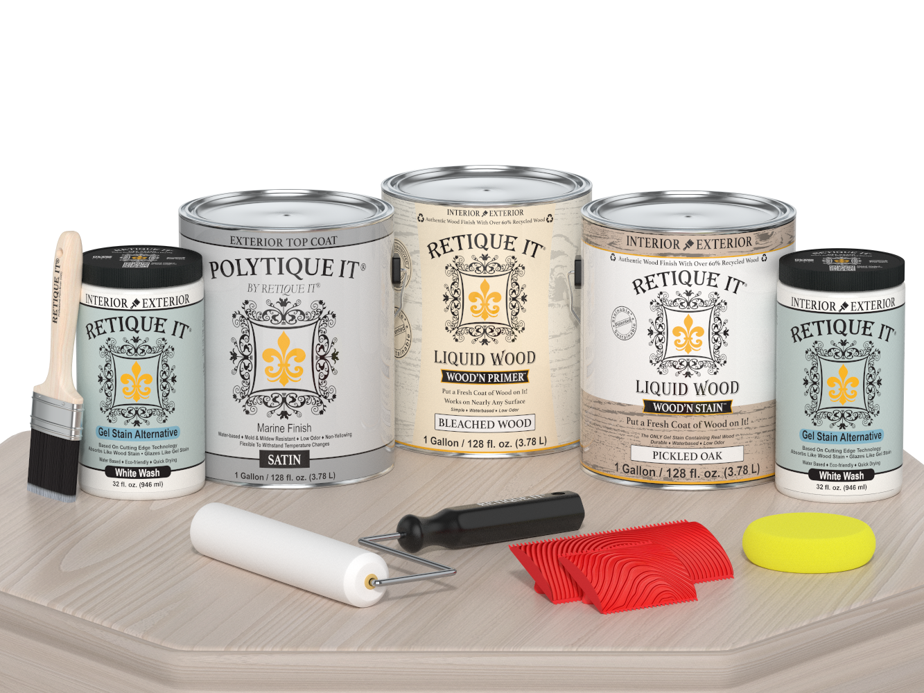 Retique It® Wood'n Finish Kit in satin, large size, with a wood finish palette shown on a surface.