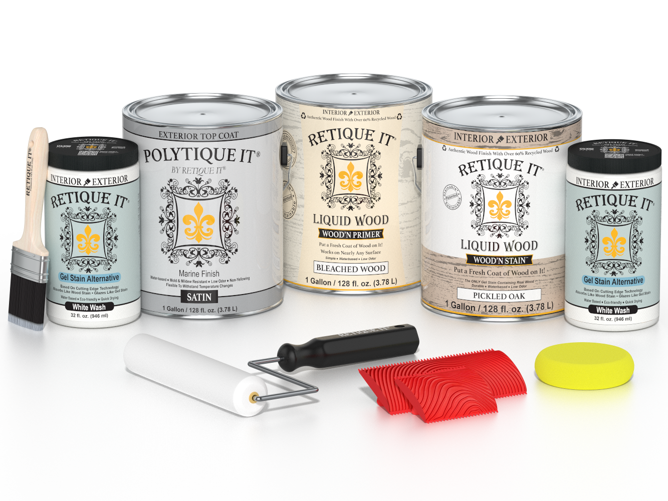 Sun-bleached Wood'n Finish Kit by Retique It® with four large exterior top coat containers and a satin finish application plate.