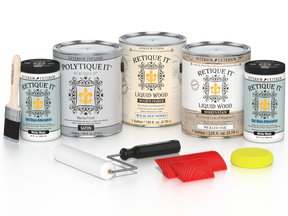 Sun-bleached Wood'n Finish Kit by Retique It® with four large exterior top coat containers and a satin finish application plate.