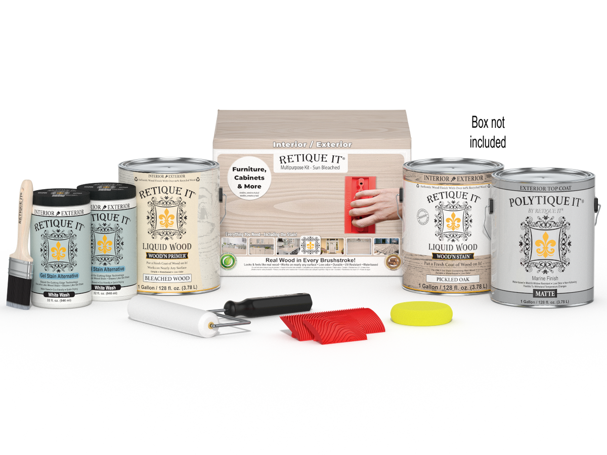 Sun-bleached Wood'n Finish Kit by Retique It® with four large exterior top coat wood finish products in a box.