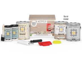 Retique It® Wood'n Finish Kit in Sun Bleached, a multi-purpose exterior top coat with four large wood finish bottles and applicator tools.