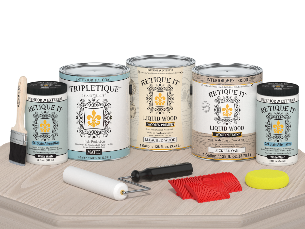 Retique It Wood'n Finish Kit WNK128-SBCH-TPLQ-Matte with a sample table showing matte wood finish application.