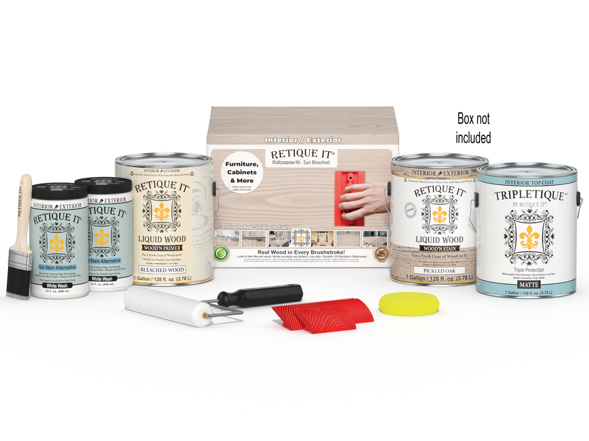 Retique It® Wood'n Finish Kit in XL size, featuring a box with wood stain and finishing supplies for furniture projects.