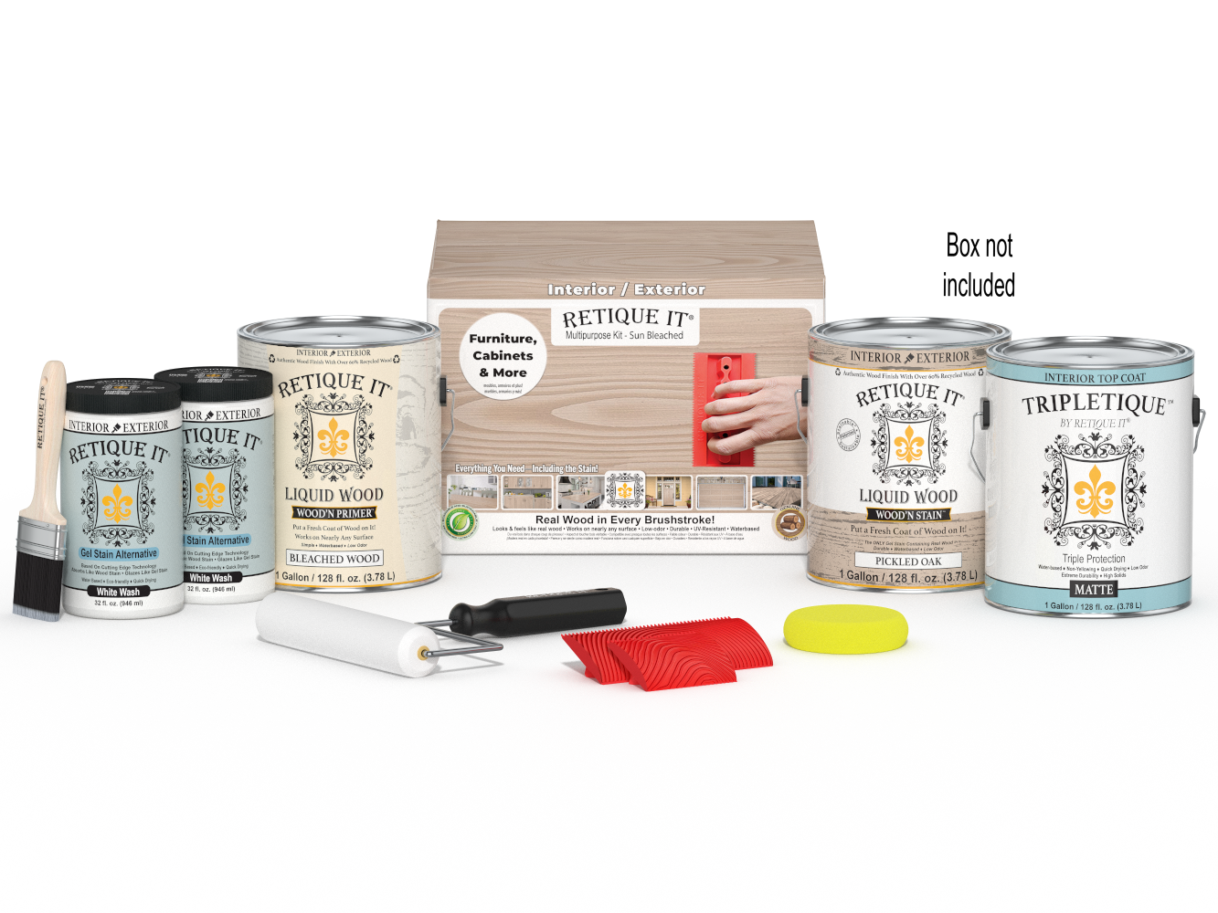Retique It® Wood'n Finish Kit with four large sun-bleached interior top coat bottles and applicator brushes in a box.