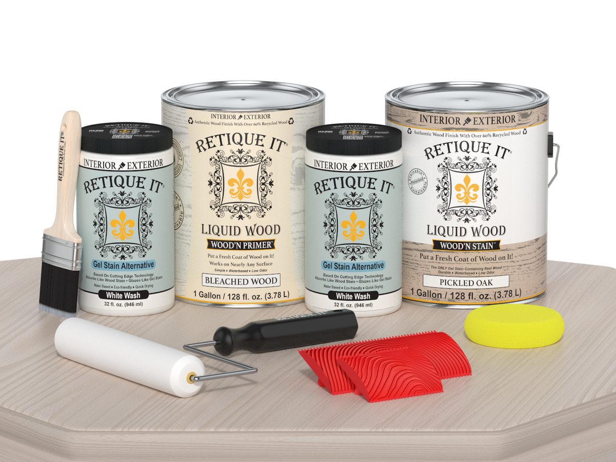 Sun-bleached Wood'n Cabinet Kit by Retique It® showing a 48-door grained wood finish with a sun-bleached look on cabinet doors.