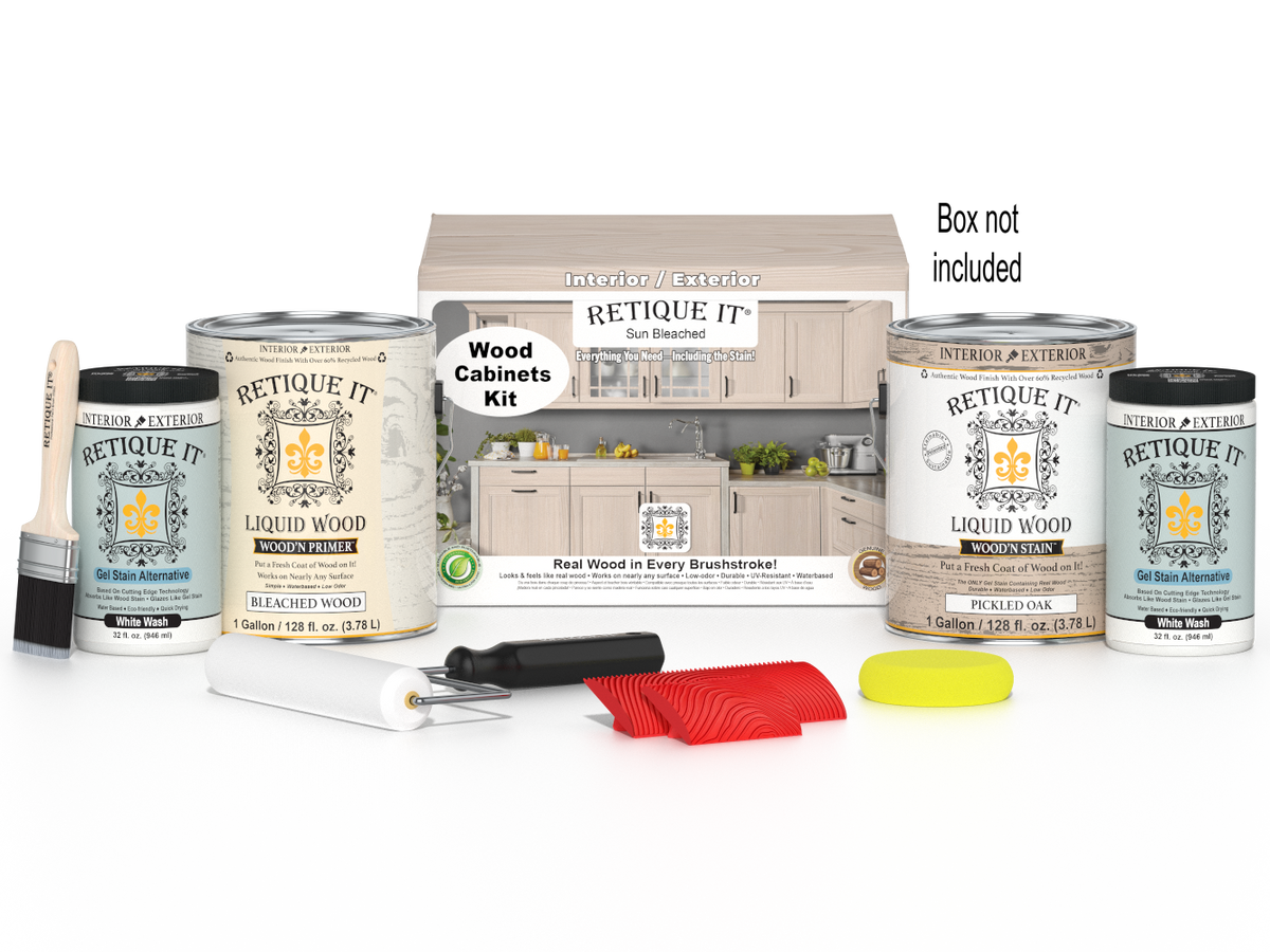Sun bleached Wood'n Cabinet Kit with 48 grained cabinet doors by Retique It® in a wood finish kit for furniture and cabinetry.