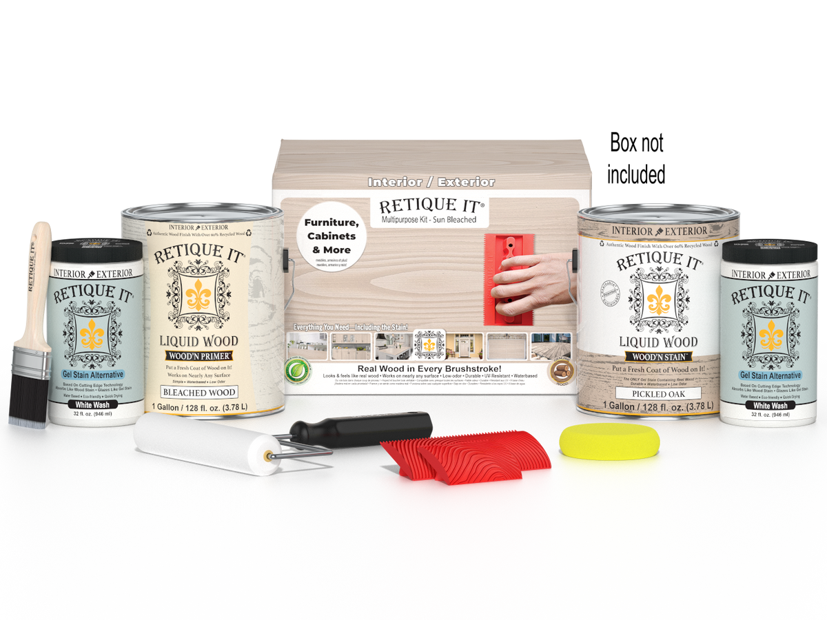 Sun-bleached Wood'n Finish Kit by Retique It® with four large wood finishing products and application tools in a box.