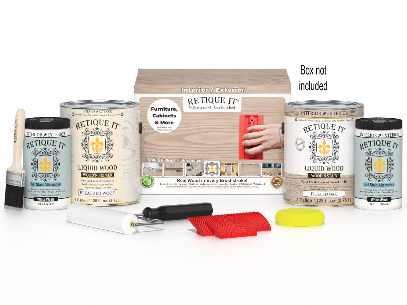 Sun-bleached Retique It Wood'n Finish Kit with four large wood finishing products and a box, ideal for multi-purpose wood projects.