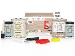 Sun-bleached Retique It Wood'n Finish Kit with four large wood finishing products and a box, ideal for multi-purpose wood projects.