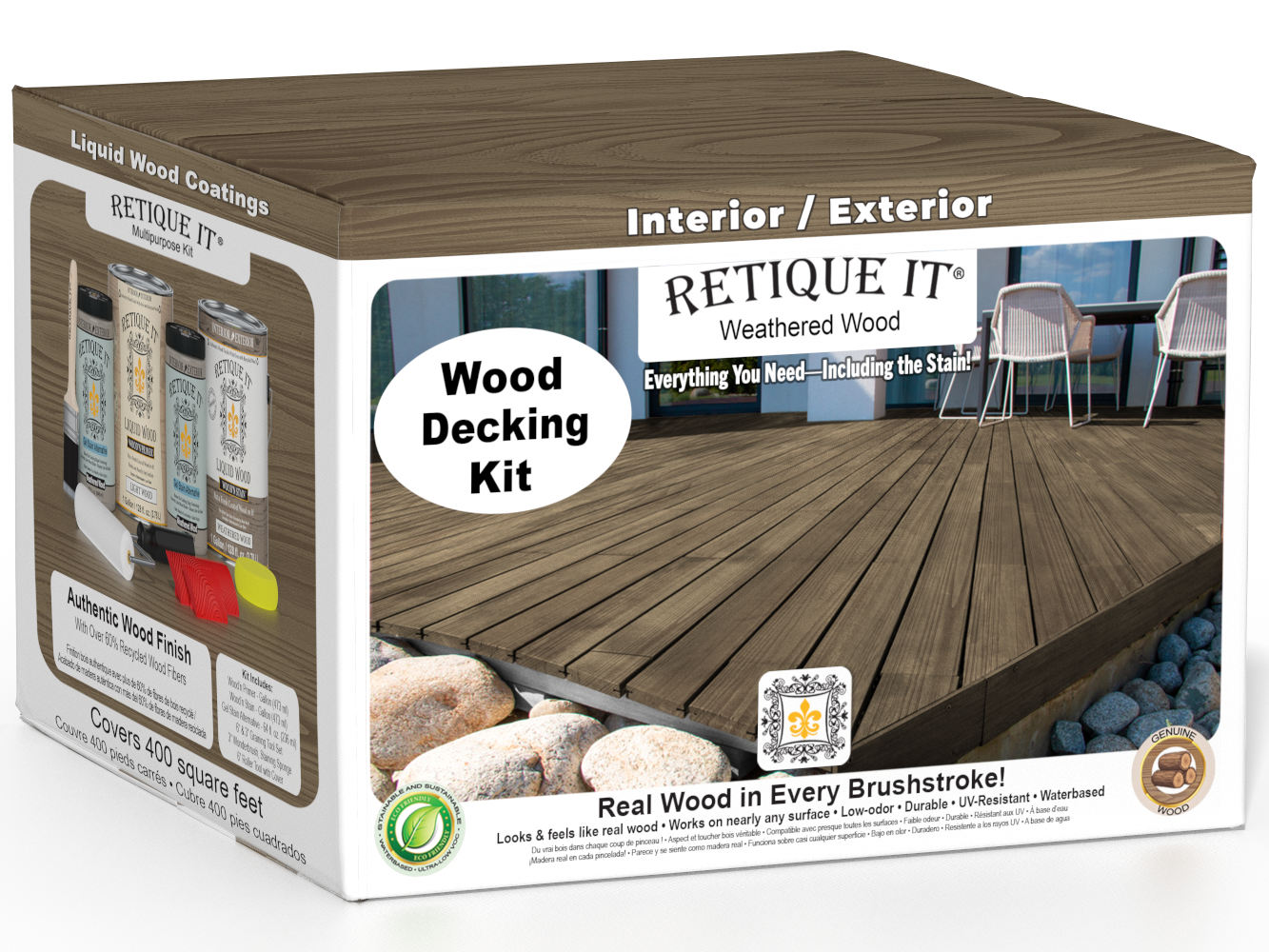 Retique It® Weathered Wood decking stain kit with weathered wood finish, showing application on wooden decking boards.