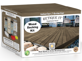Retique It® Weathered Wood decking stain kit with weathered wood finish, showing application on wooden decking boards.