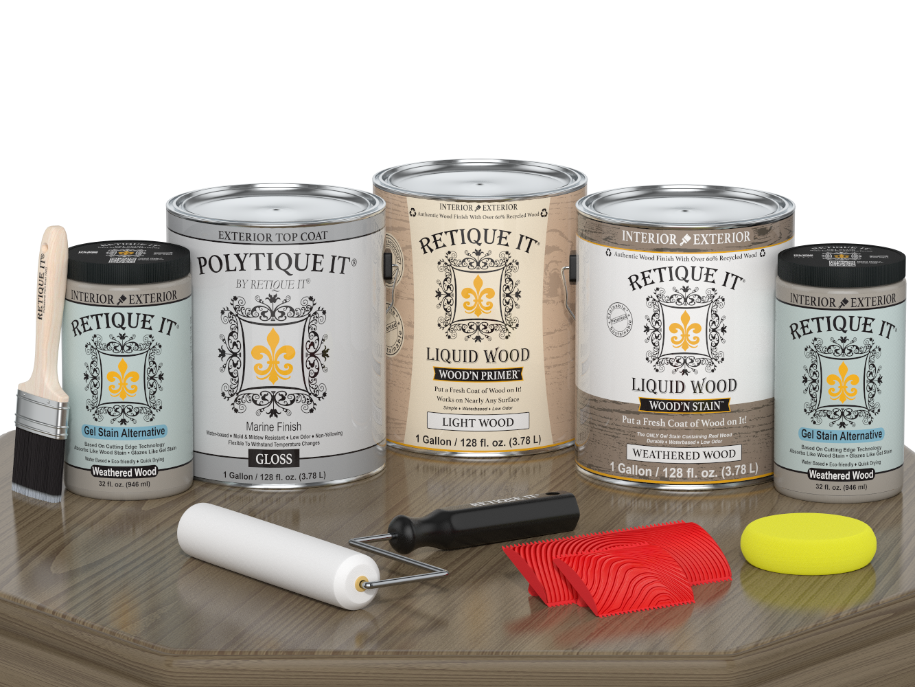 Retique It® Wood'n Finish Kit in Weathered Wood, exterior top coat, with four large containers of weathered wood finish for outdoor projects.