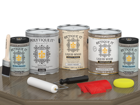 Retique It® Wood'n Finish Kit in Weathered Wood, exterior top coat, with four large containers of weathered wood finish for outdoor projects.