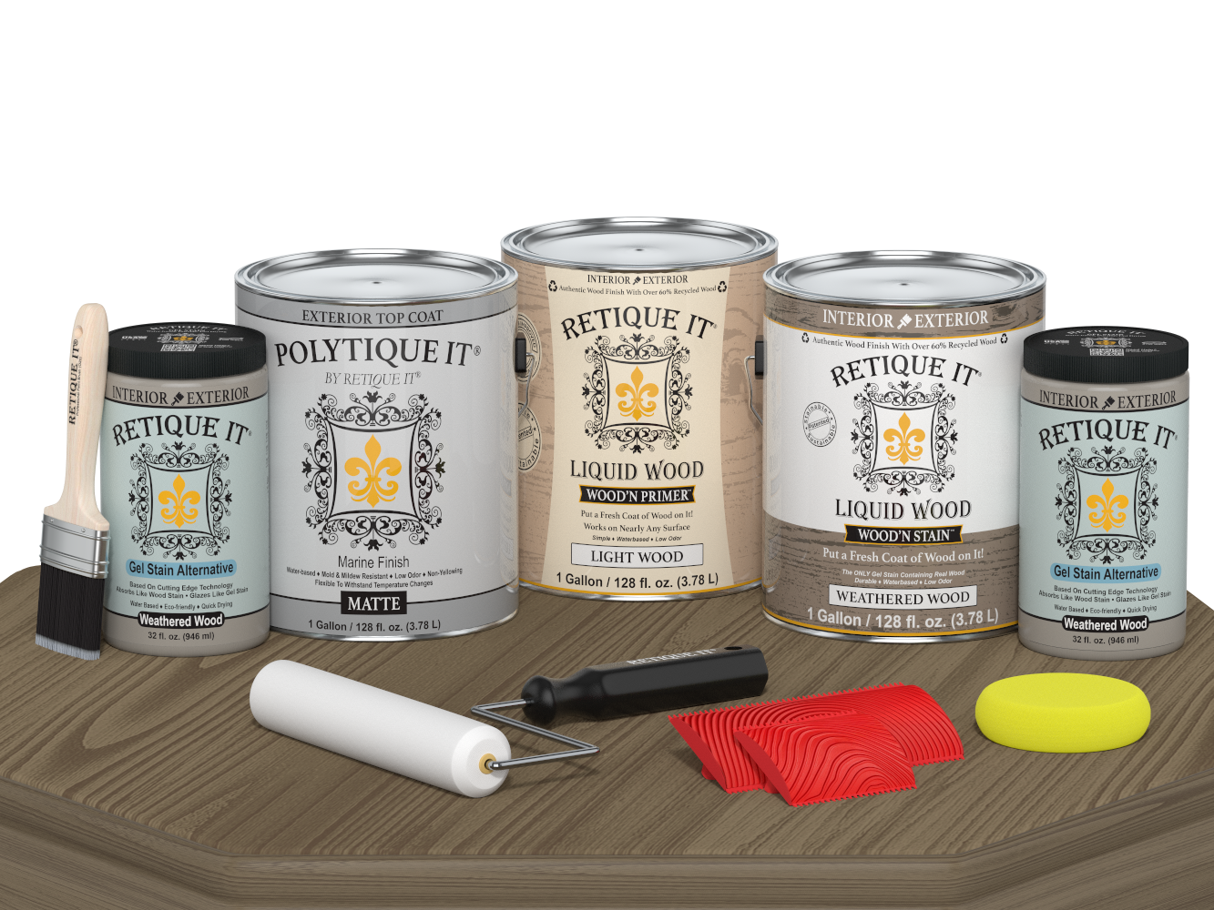Retique It® Wood'n Kit in Weathered Wood, large size, with matte finish on a table, designed for exterior wood top coating.
