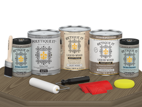 Retique It® Wood'n Kit in Weathered Wood, large size, with matte finish on a table, designed for exterior wood top coating.