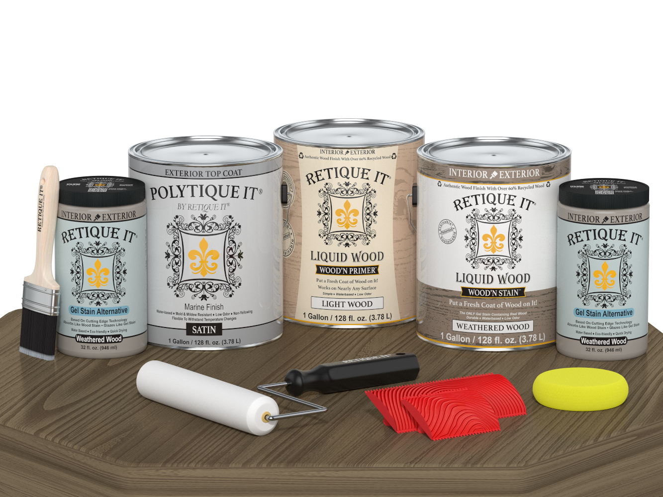Retique It® Weathered Wood decking stain kit with satin finish, featuring staining tools and sample wood plank for weathered wood look.