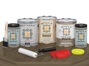 Retique It® Weathered Wood decking stain kit with satin finish, featuring staining tools and sample wood plank for weathered wood look.