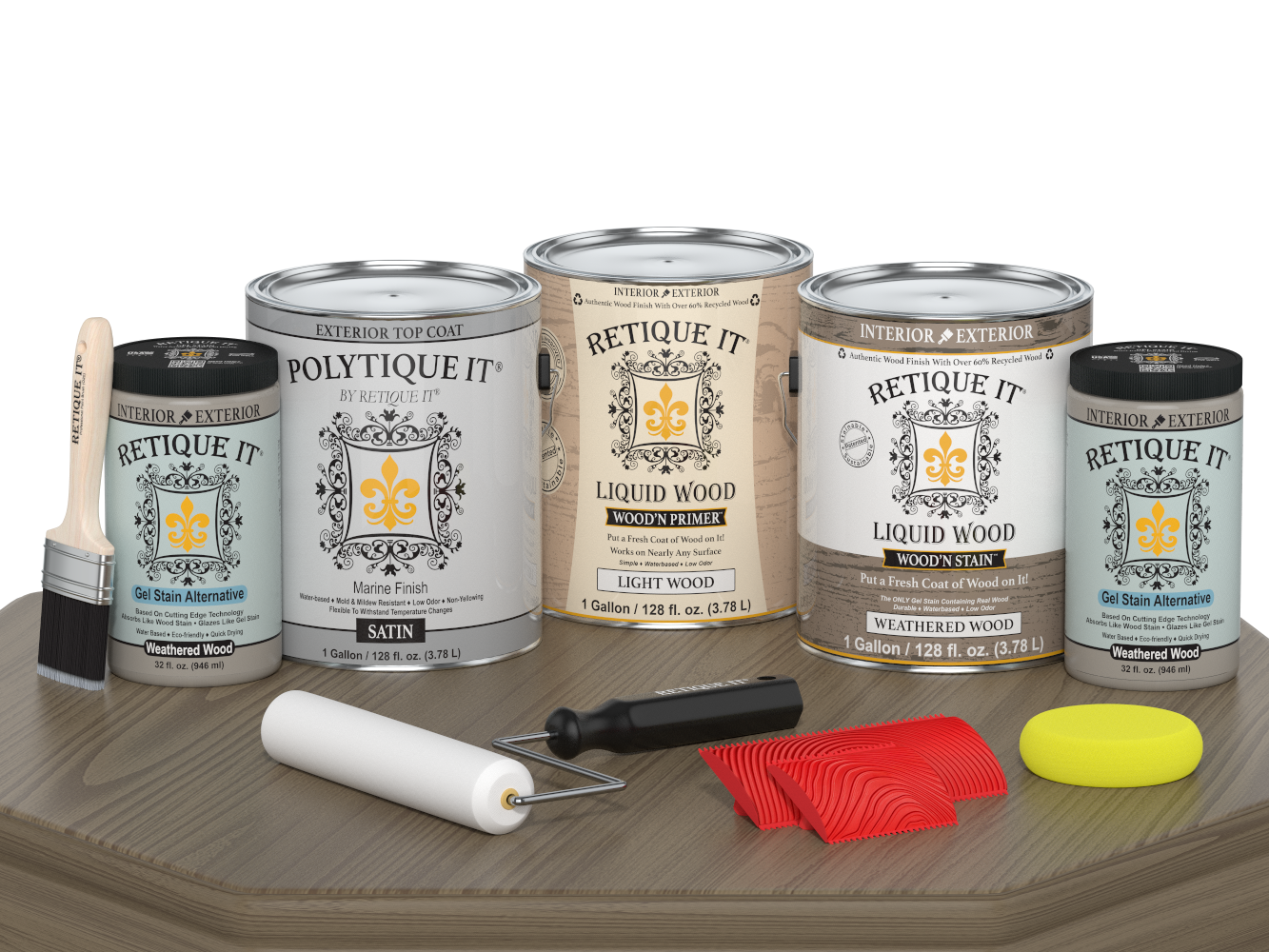 Retique It® Wood'n Finish Kit with four weathered wood exterior top coats, satin finish, shown on a table surface.