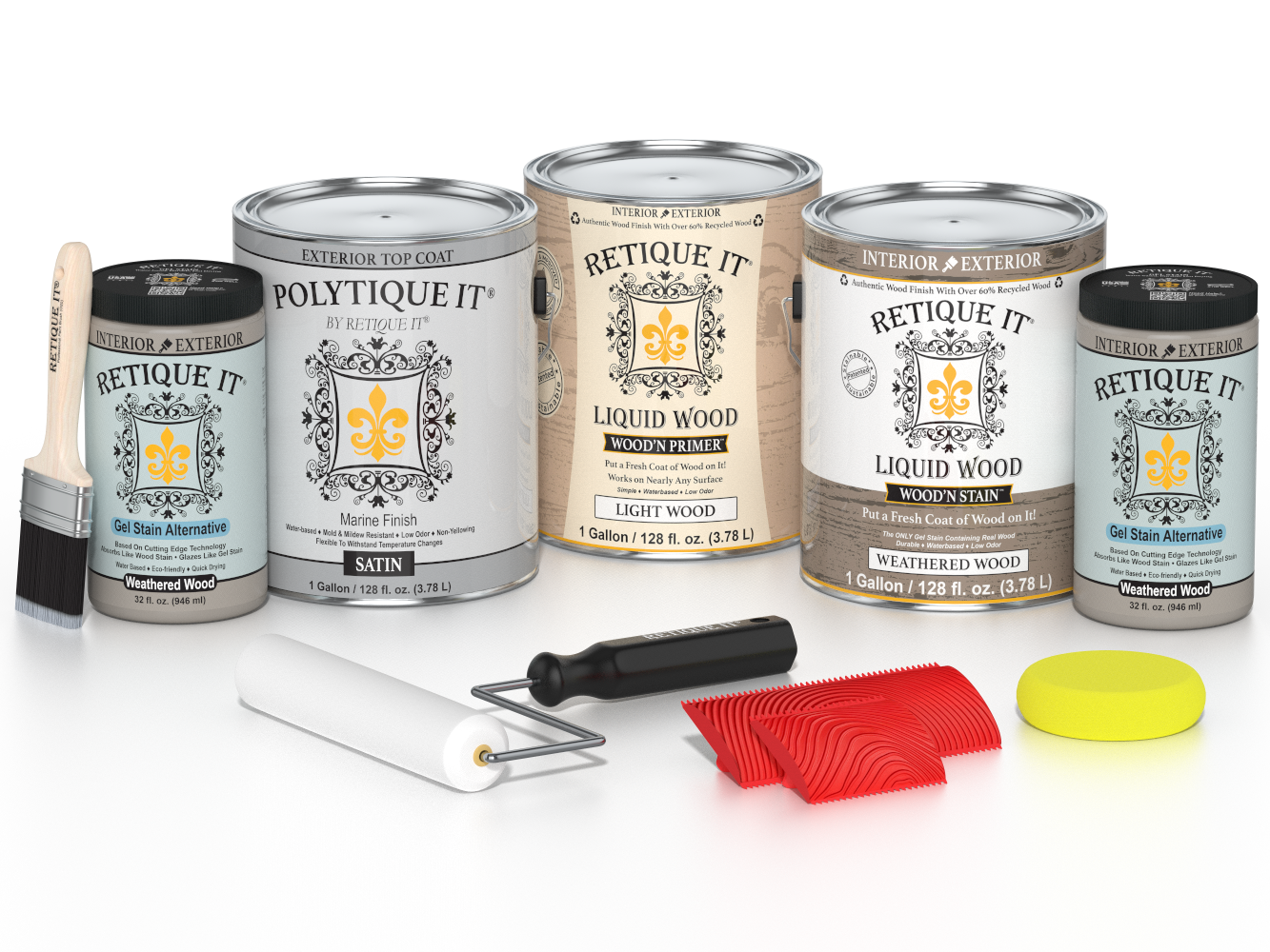 Retique It® Weathered Wood decking stain kit with satin finish, showcasing natural weathered wood appearance and application tools.