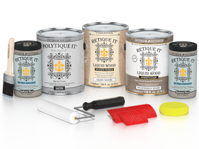 Retique It® Weathered Wood decking stain kit with satin finish, showcasing natural weathered wood appearance and application tools.