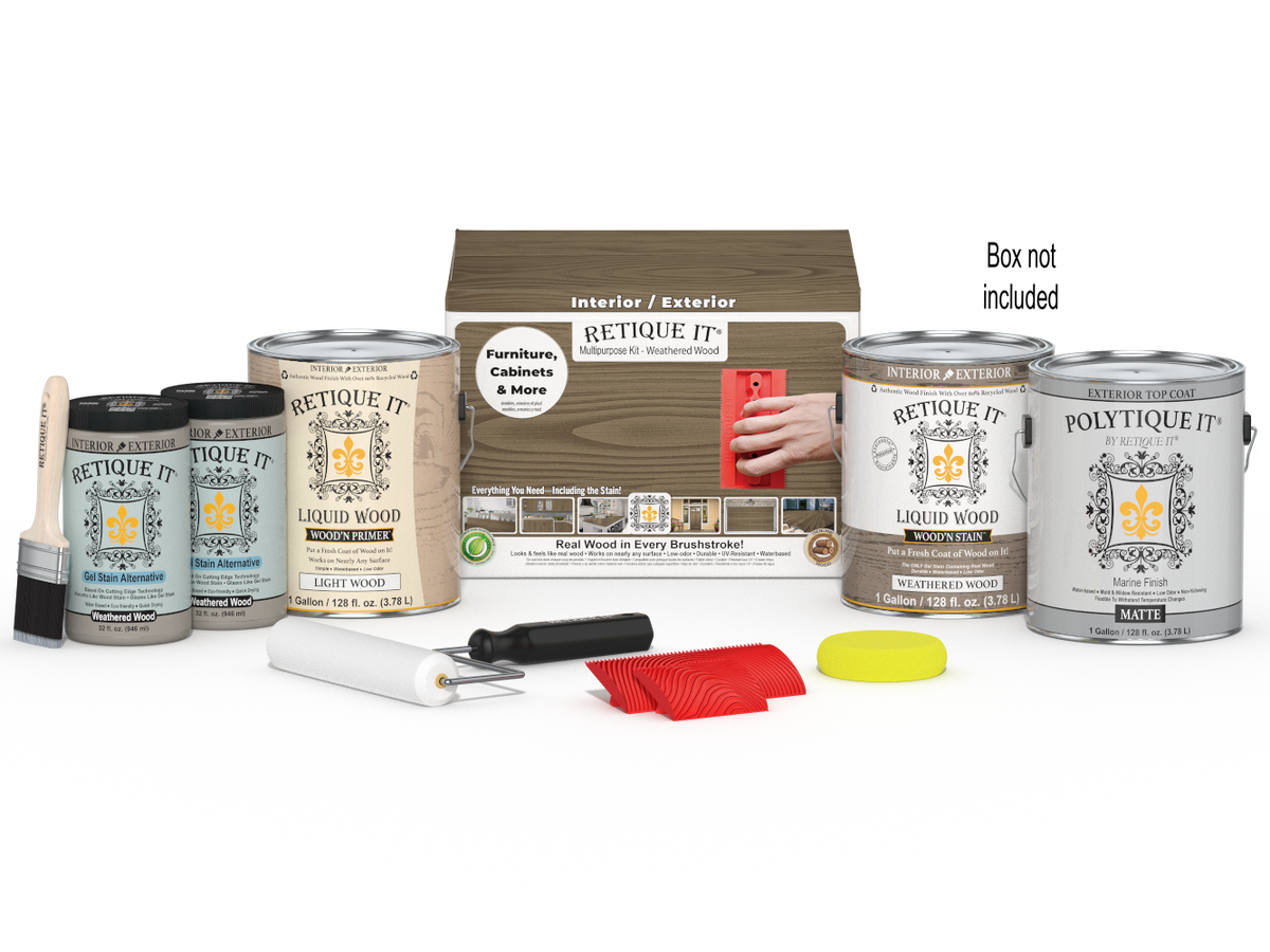Retique It® Wood'n Finish Kit with four weathered wood exterior top coats, shown in a box with sample wood finish swatches.