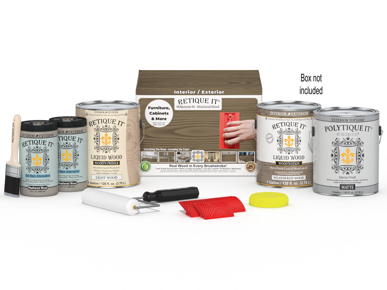 Retique It® Wood'n Finish Kit with four weathered wood exterior top coats, shown in a box with sample wood finish swatches.