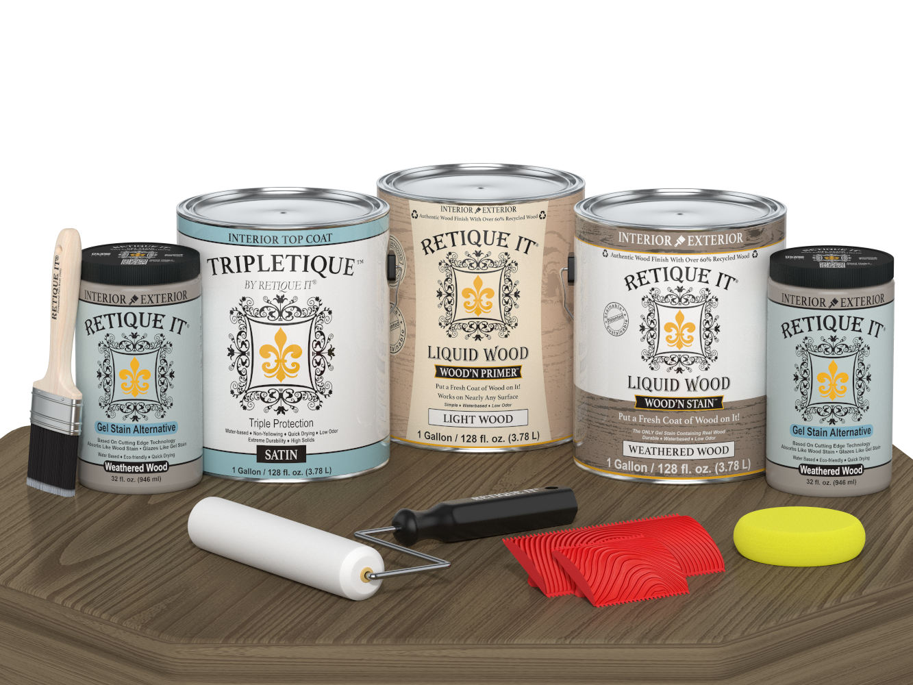 Retique It® Wood'n Cabinet Kit with weathered wood stain, satin finish, 48 grained cabinet doors for DIY furniture updates.