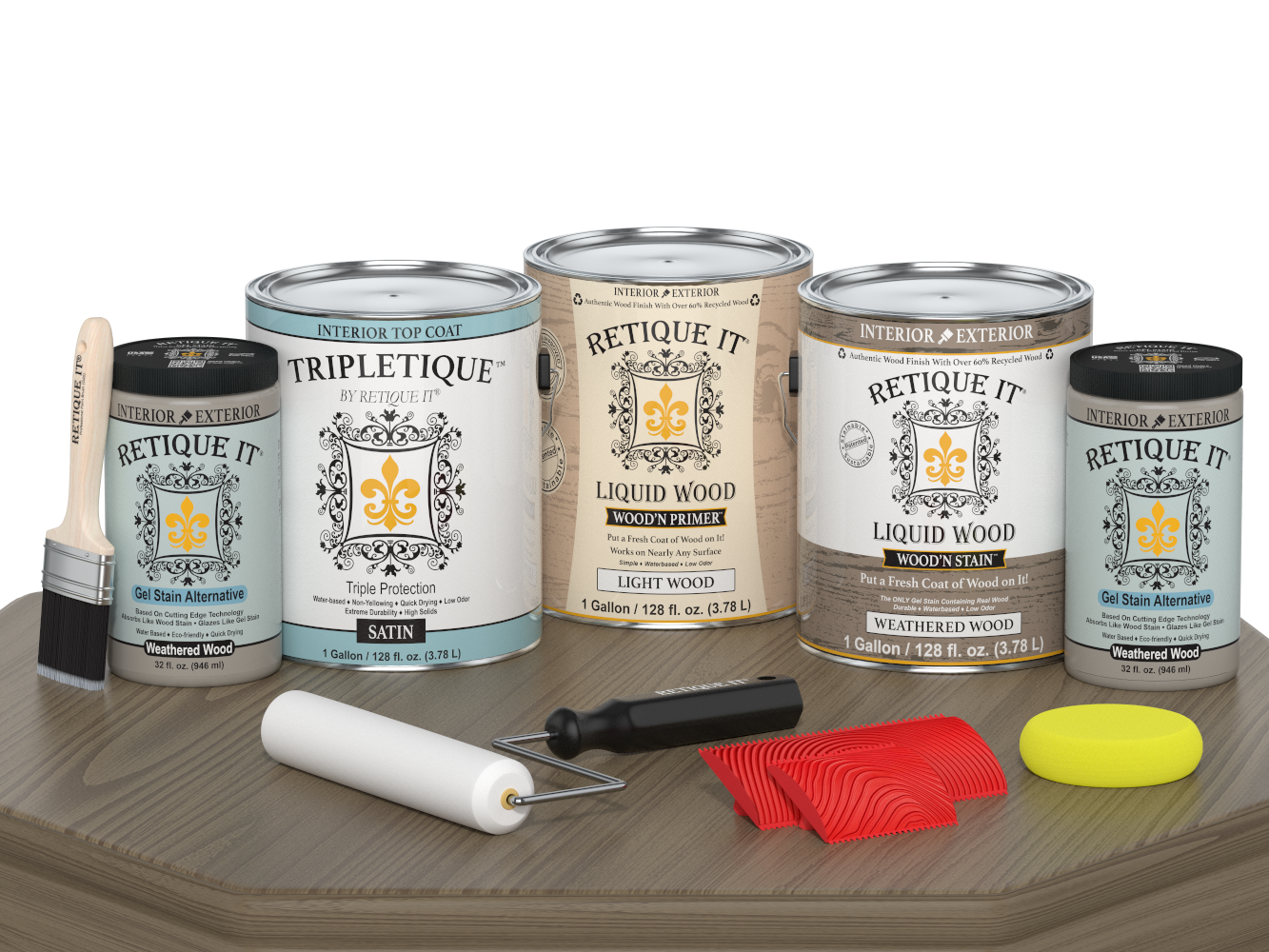 Retique It® Wood'n Finish Kit in Weathered Wood with satin top coat, shown on a table surface for multi-purpose interior wood finishing.
