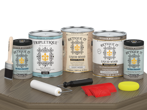 Retique It® Wood'n Finish Kit in Weathered Wood with satin top coat, shown on a table surface for multi-purpose interior wood finishing.