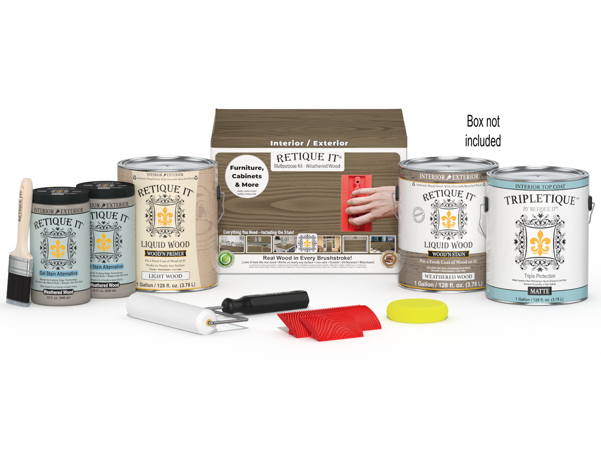Retique It® Wood'n Kit in Weathered Wood with four large containers, interior top coat for wood finishing projects.