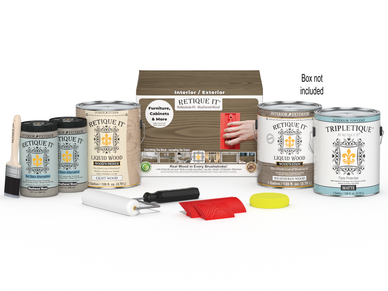 Retique It® Wood'n Kit in Weathered Wood with four large containers, interior top coat for wood finishing projects.