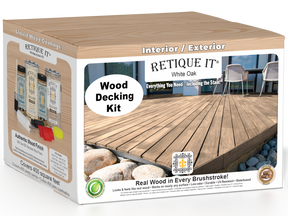 Retique It® White Oak decking wood stain kit showing a sample stained wood surface with natural white oak finish.