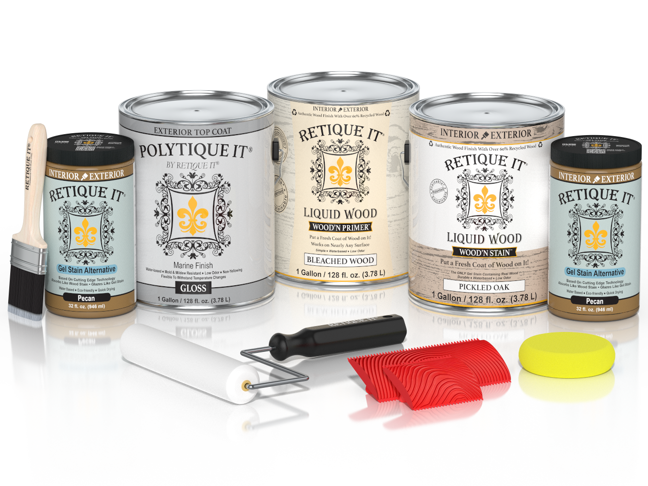 Retique It® Wood'n Kit in white oak finish with four large containers, exterior top coat for wood protection and finishing.