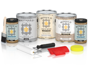 Retique It® Wood'n Kit in white oak finish with four large containers, exterior top coat for wood protection and finishing.