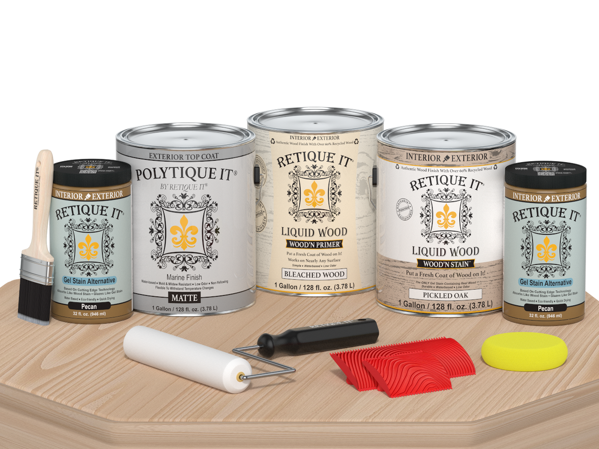Retique It Wood'n Finish Kit in Oak with matte finish, shown on a table, highlighting easy application and natural wood look.