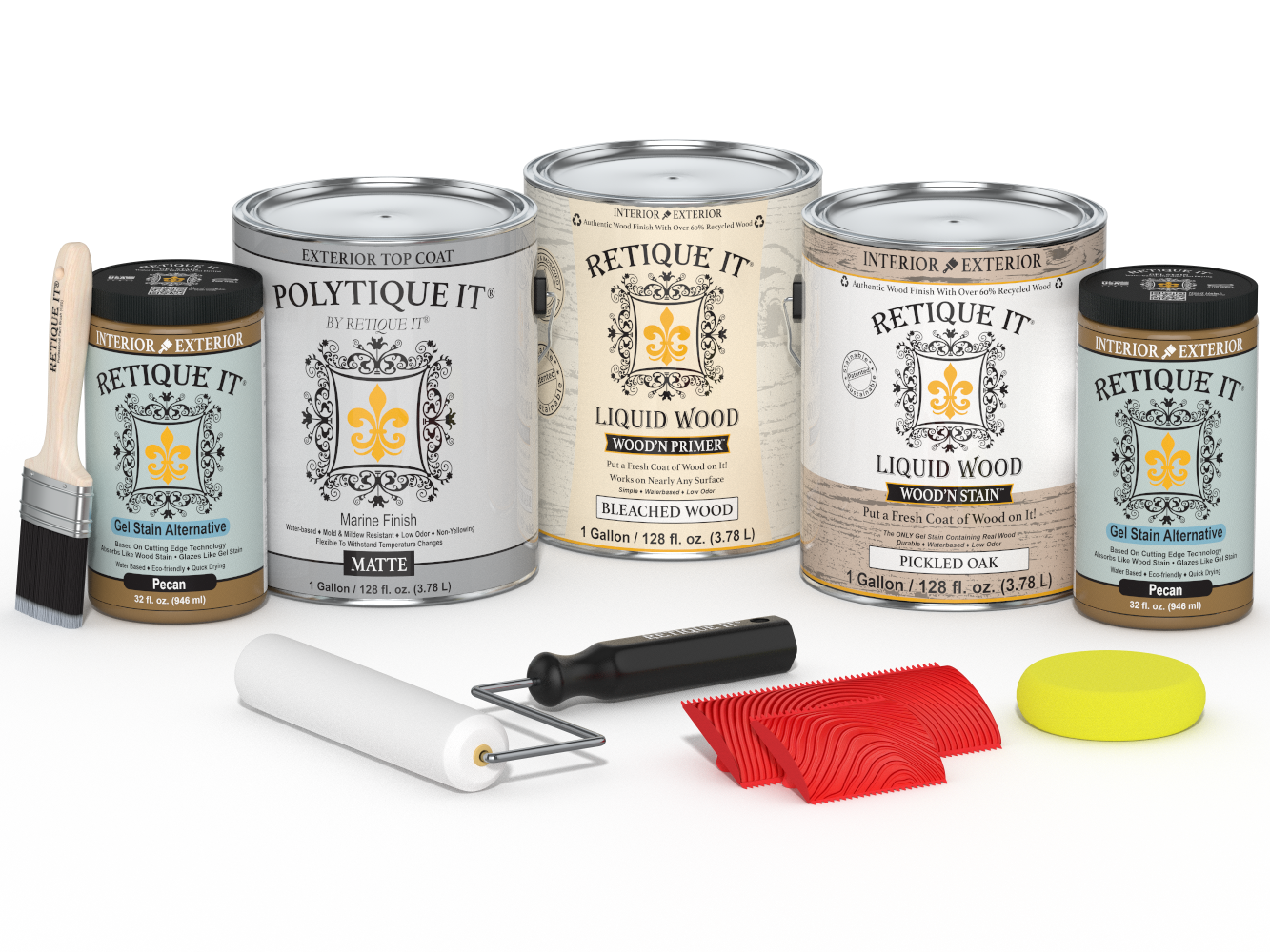 Retique It® Wood'n Finish Kit in White Oak with four large exterior top coat bottles, matte finish for wood protection and enhancement.