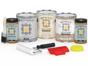 Retique It® Wood'n Finish Kit in White Oak with four large exterior top coat bottles, matte finish for wood protection and enhancement.