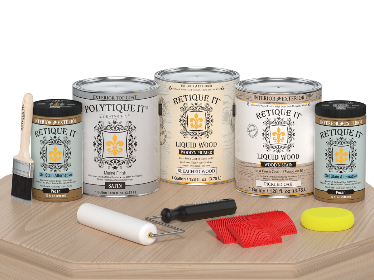 Retique It Wood'n Finish Kit with satin finish featuring a light oak color, displayed on a wooden table.