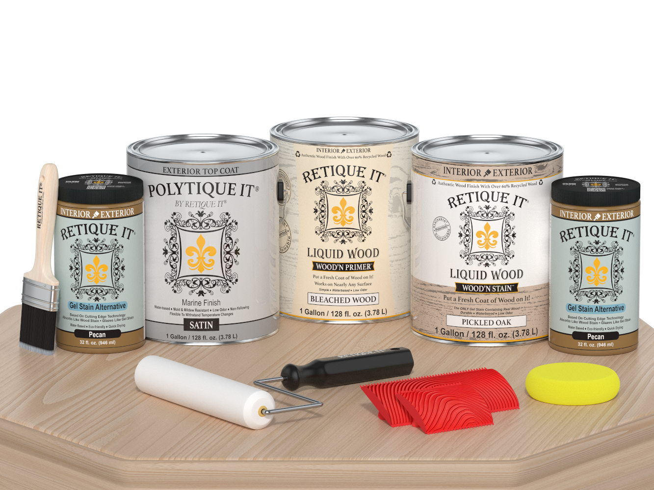 Retique It® Wood'n Finish Kit in WOOD OAK Satin finish, showing a wooden table with a smooth satin surface.