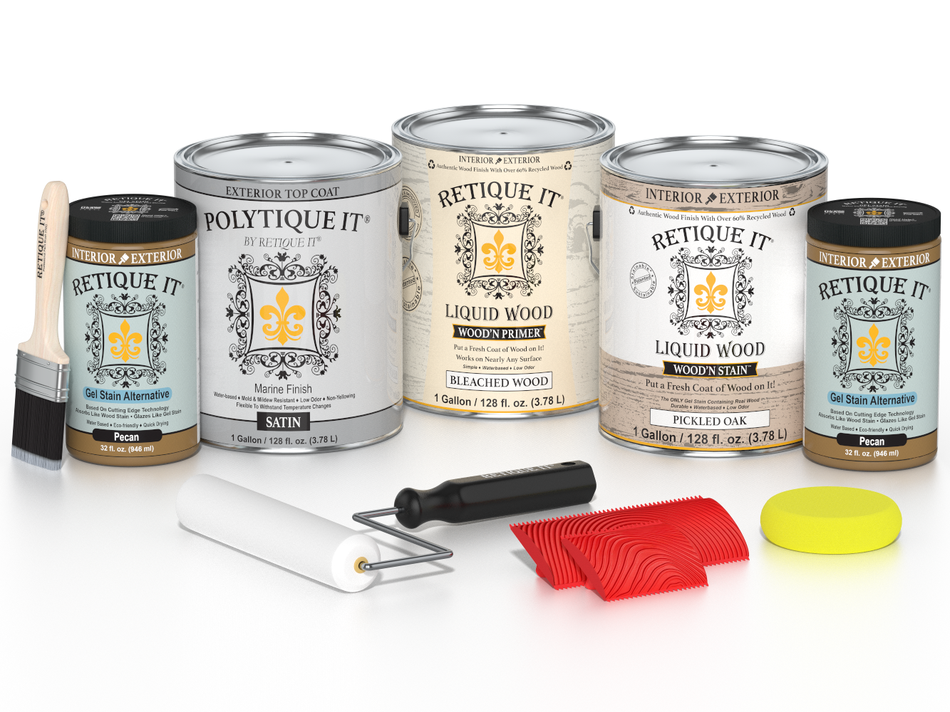 Retique It® Wood'n Kit in white oak finish, includes four large exterior top coat bottles, satin wood finish for outdoor projects.