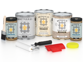 Retique It® Wood'n Kit in white oak finish, includes four large exterior top coat bottles, satin wood finish for outdoor projects.